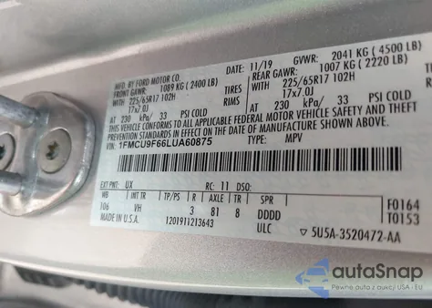 2020 Ford Escape S из США, поврежденный, VIN 1FMCU9F66LUA60875